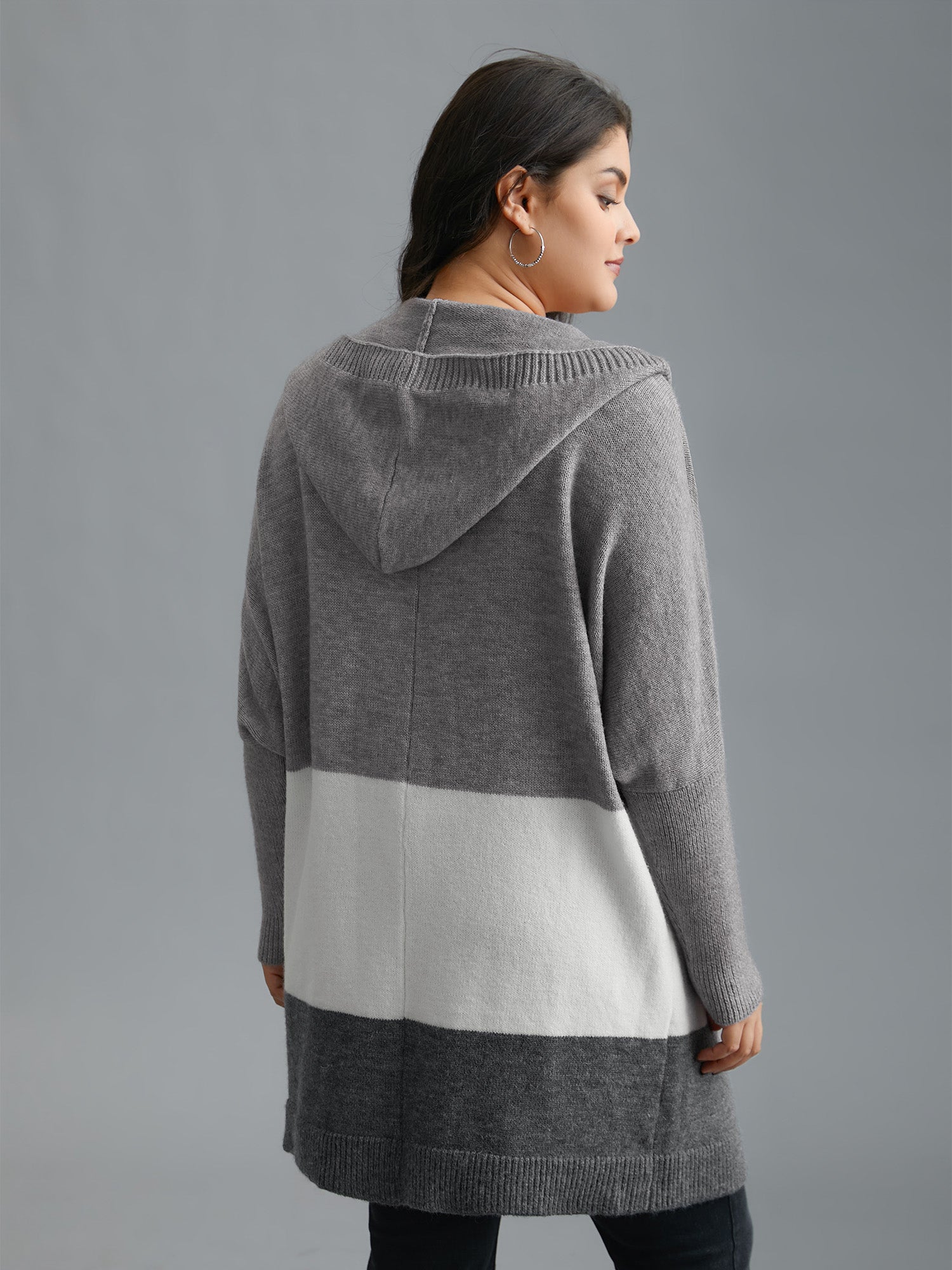 Color Block Dolman Sleeves Hooded Knit Cardigan