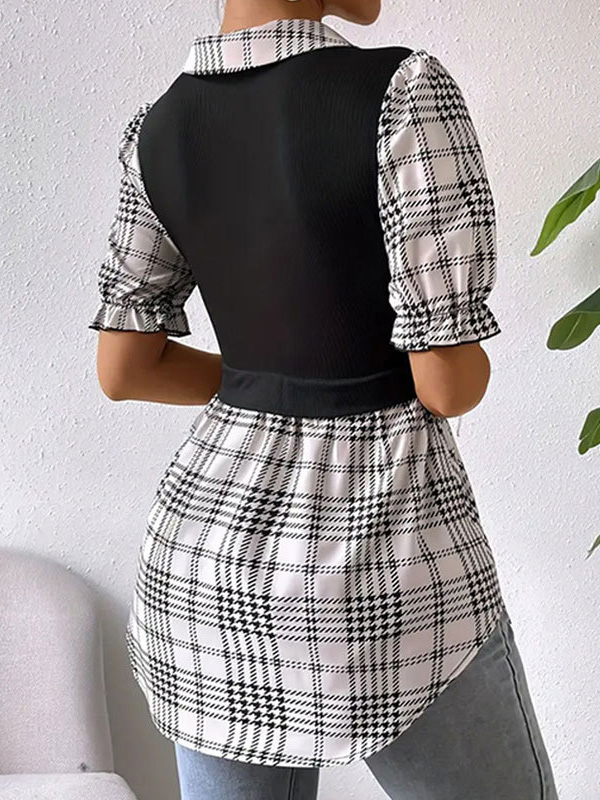 Bishop Sleeve False Two Buttoned Elasticity Plaid Split-Joint Lapel Blouses&Shirts Tops