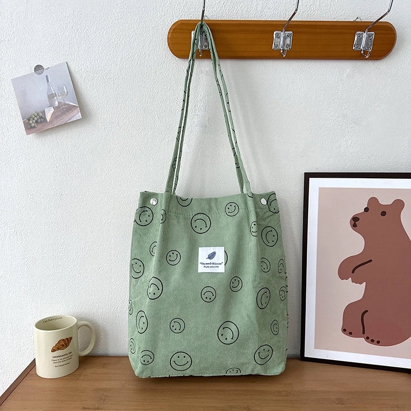 Women's Large Corduroy Smile Face Streetwear Square Magnetic Buckle Handbag