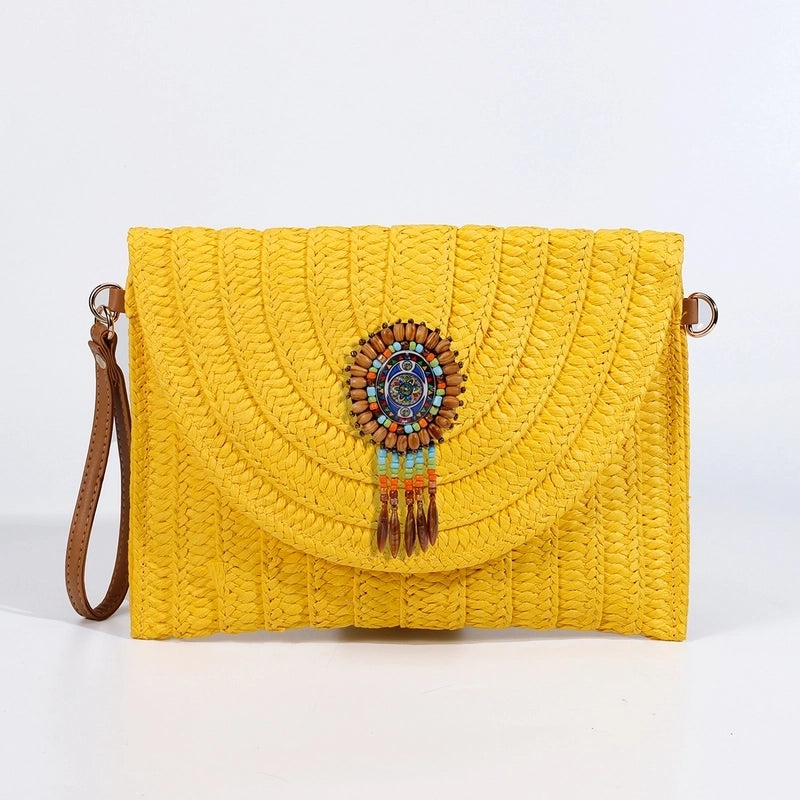 Orange Green Beige Straw Geometric Square Evening Bags