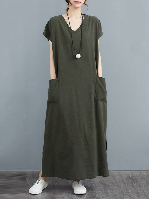 Simple Ramie Cotton Solid Color Split-Side With Pocket V-Neck Short Sleeves Maxi Dress