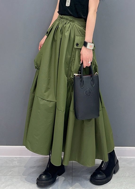 Women Green Pockets Patchwork Elastic Waist Maxi Skirts Summer