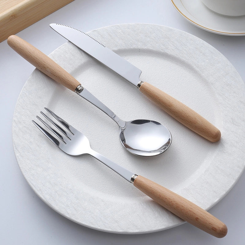 Stainless Steel Knife And Fork Spoon With Wooden Handle Western Steak Knife Solid Wood Stainless Steel Tableware Soup Spoon Fruit Dessert Fork