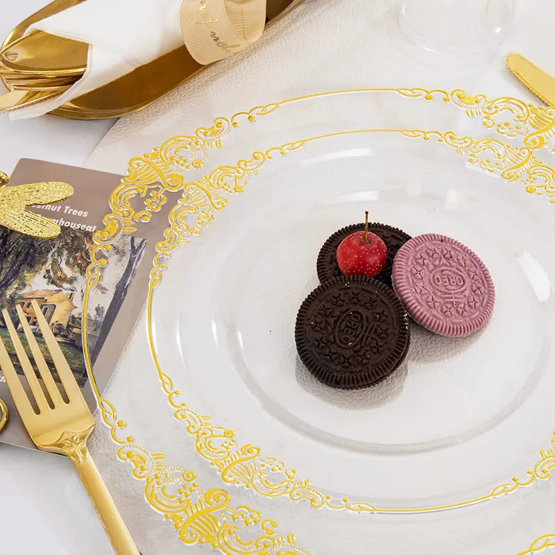 7.5-Inch 10.25-Inch Disposable Transparent Golden Edge Plate Plastic Relief Plate Golden Lace Plate Party Tableware