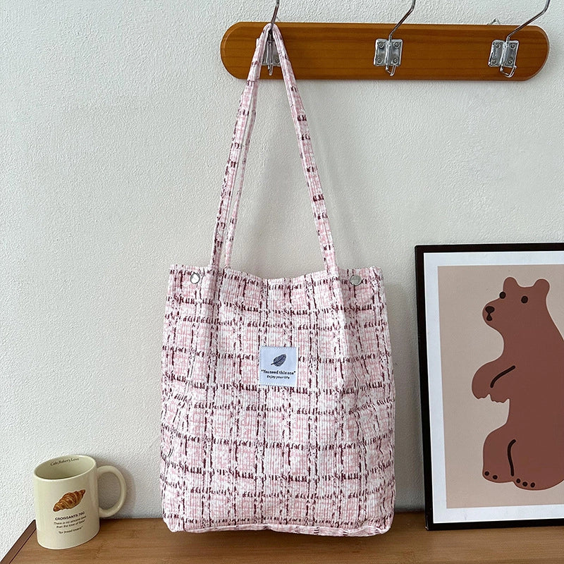 Women's Large Corduroy Smile Face Streetwear Square Magnetic Buckle Handbag