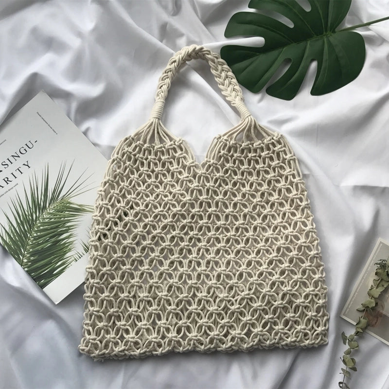 Women's Large Summer Cotton Thread Solid Color Vacation Beach Weave Hollow Open Handbag Beach Bag