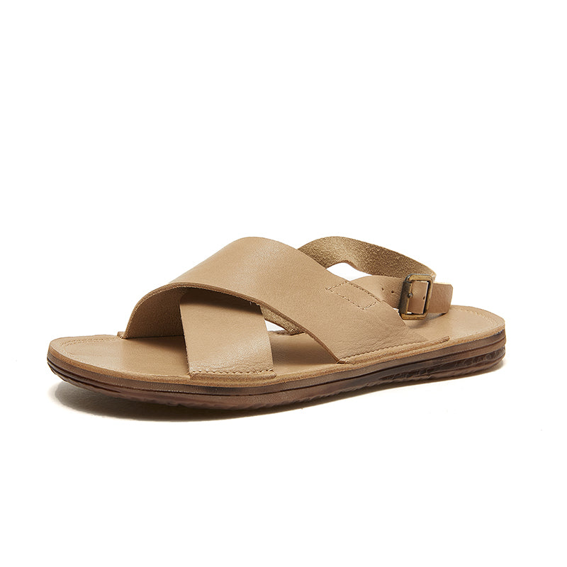 Genuine Leather X-Strap Peep Toe Slingback Flat Sandals Gladiator Style for Summer in Coffee/Khaki