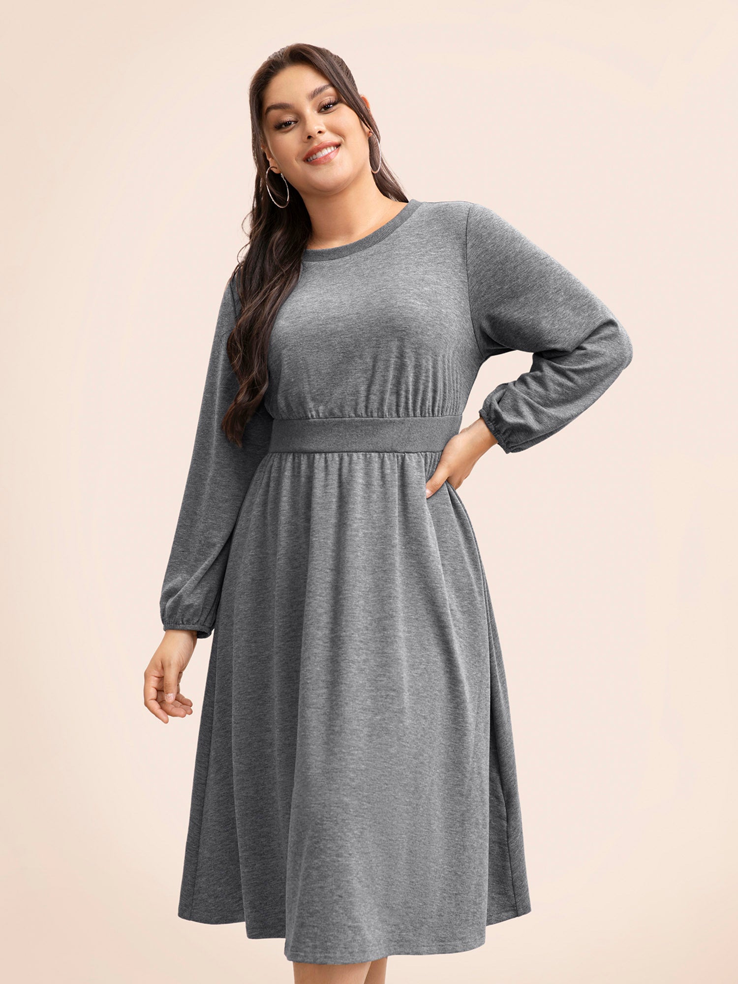 Crew Neck Elastic Waist Midi Dress