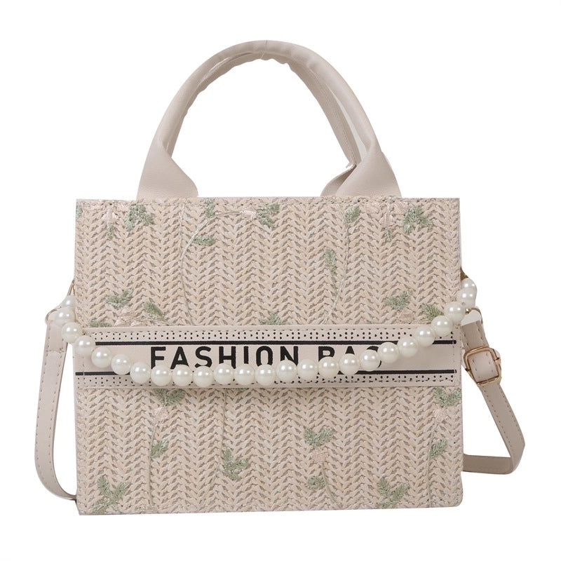Women's Pu Leather Straw Letter Flower Elegant Vacation Pearls Square Open Shoulder Bag Handbag Crossbody Bag