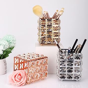 Crystal Makeup Brush Holder. Cosmetic Organizer For Makeup Brushes. Rectangle. Rose Gold