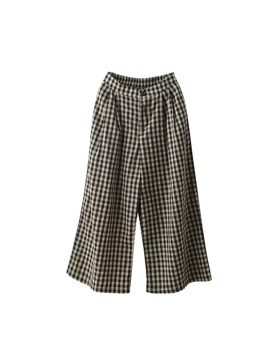 Women Summer Vintage Plaid Cotton Wide-leg Pants