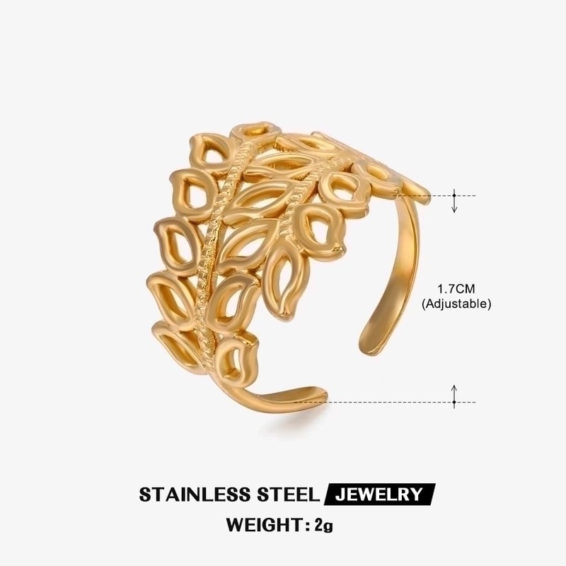304 Stainless Steel 18K Gold Plated Minimalist Plating Leaf Open Ring