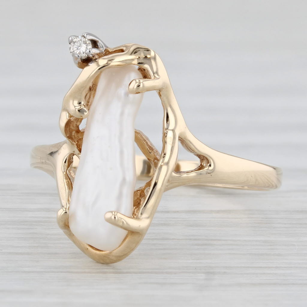 Baroque Freshwater Pearl Diamond Ring 10k Yellow Gold Size 7