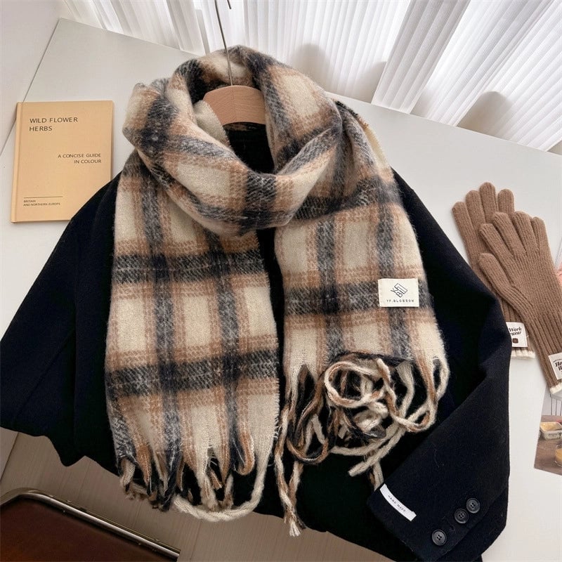Unisex Minimalist Lattice Imitation Cashmere Tassel Scarf