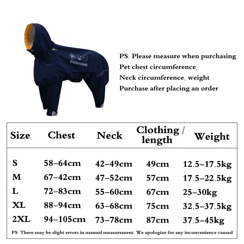Waterproof Dog Raincoat Jumpsuit For Medium Large Dogs Rain Coat Outdoor Pet Clothes Puppy Doberman Labrador Husky Jacket