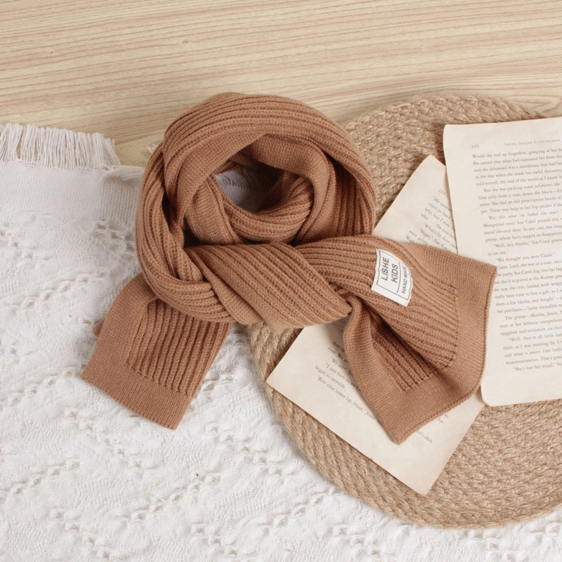 Style Solid Color Vertical Strip Large Label Children's Knitted Scarf Winter New Baby Warm Wool Scarf