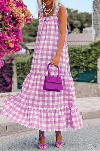 Casual Spaghetti Straps Printed Beach Plaid Maxi Dress