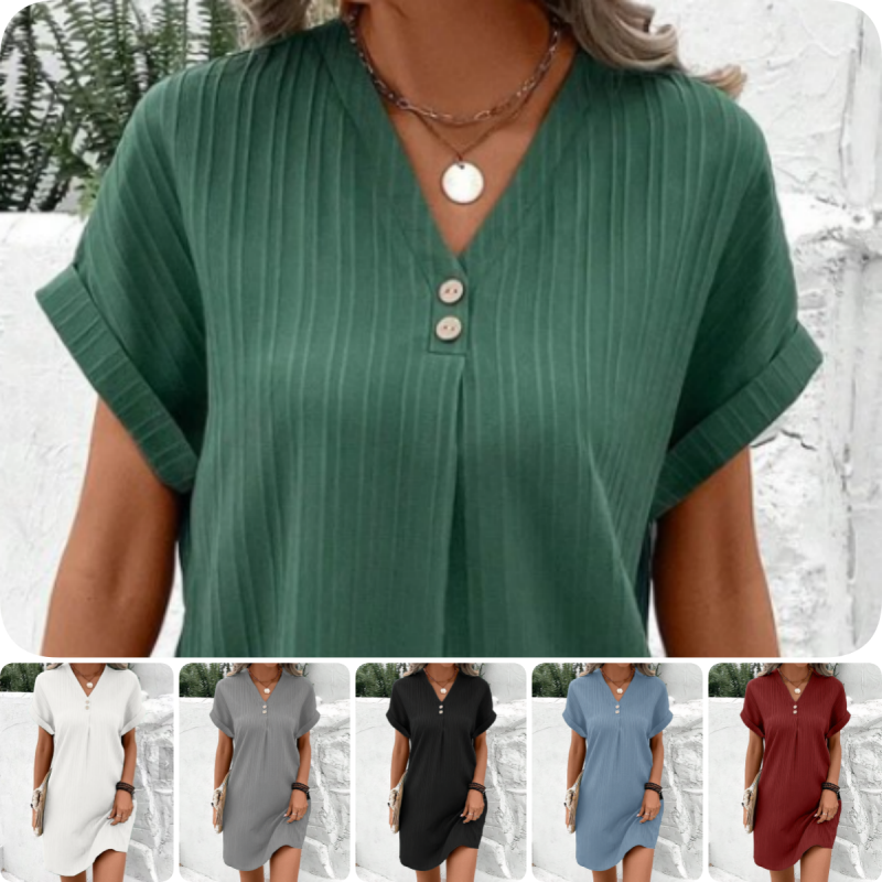 🌷Summer Hot Sale 🍃Simple Solid Color V-Neck Short Sleeve Dress for Women