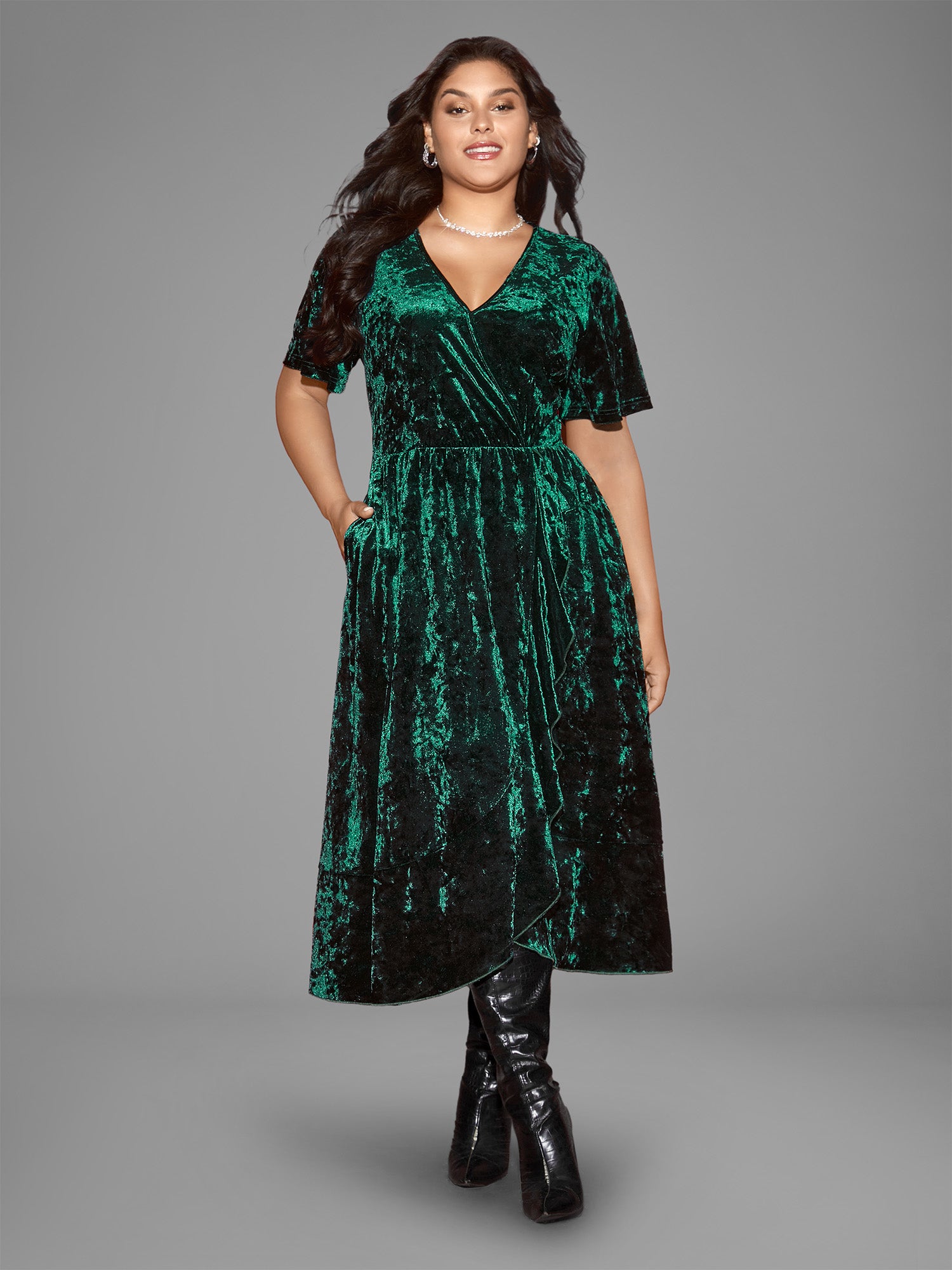 Velvet Surplice Neckline Ruffle Sleeves Midi Dress
