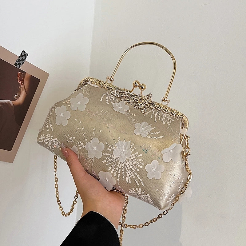 Women's Medium Pu Leather Gauze Flower Classic Style Clasp Frame Crossbody Bag