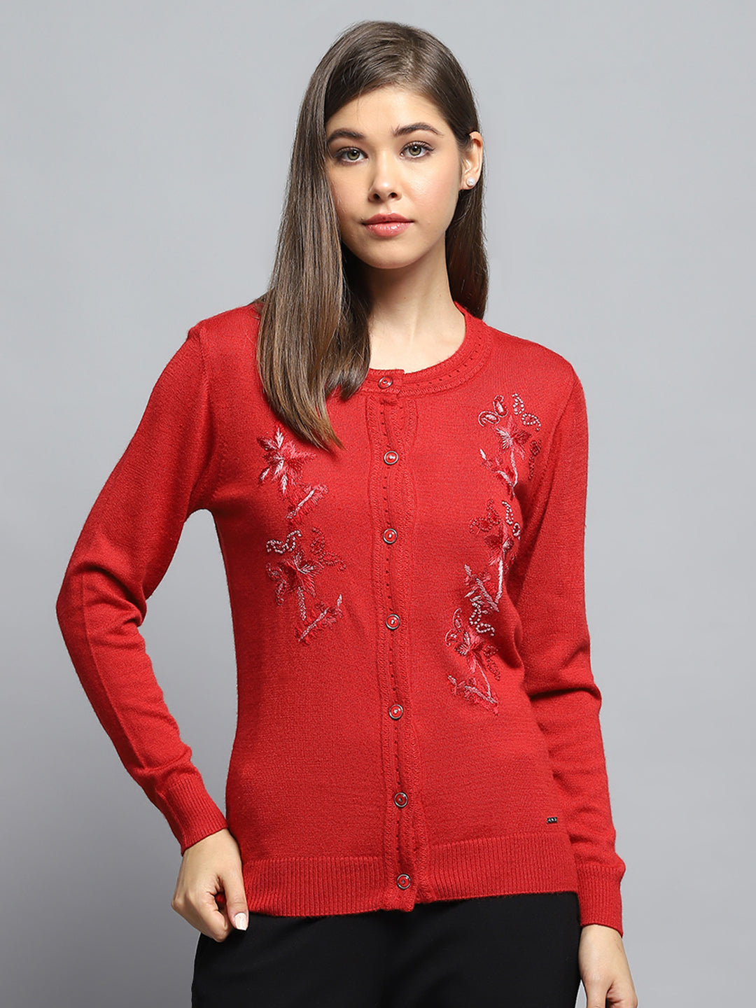 Women Red Self Design Round Neck Full Sleeve Cardigan