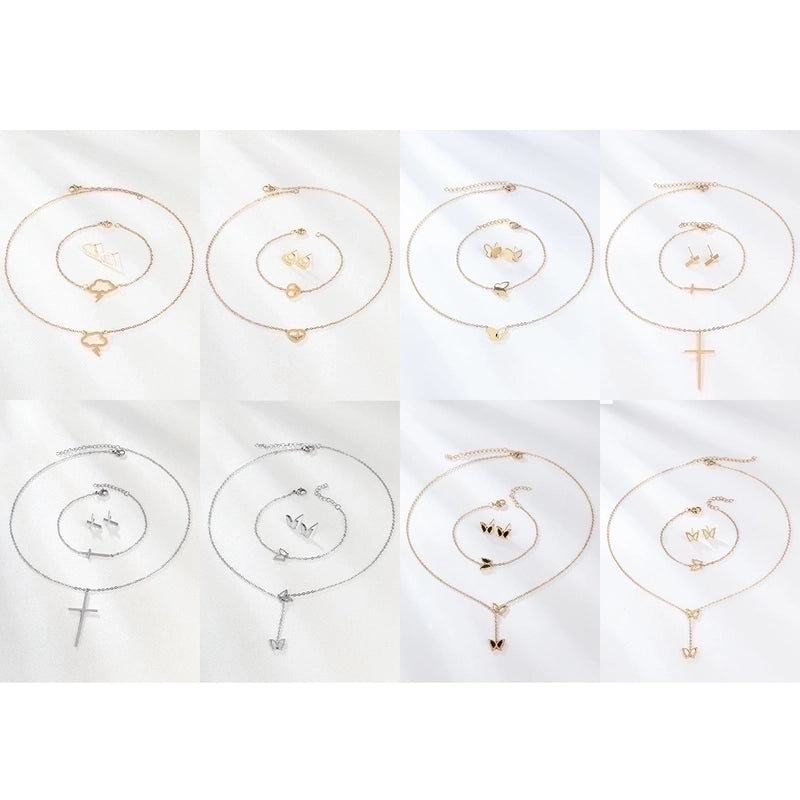 Fashion Cross Heart Shape Butterfly 201 Stainless Steel Shell 18K Gold Plated Plating Stainless Steel Jewelry Sets