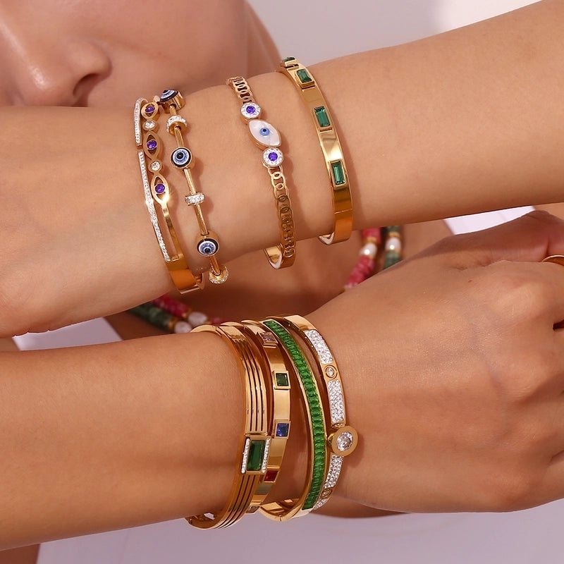 Classic Style Devil's Eye Stainless Steel Plating Inlay Rhinestones 18k Gold Plated Bangle
