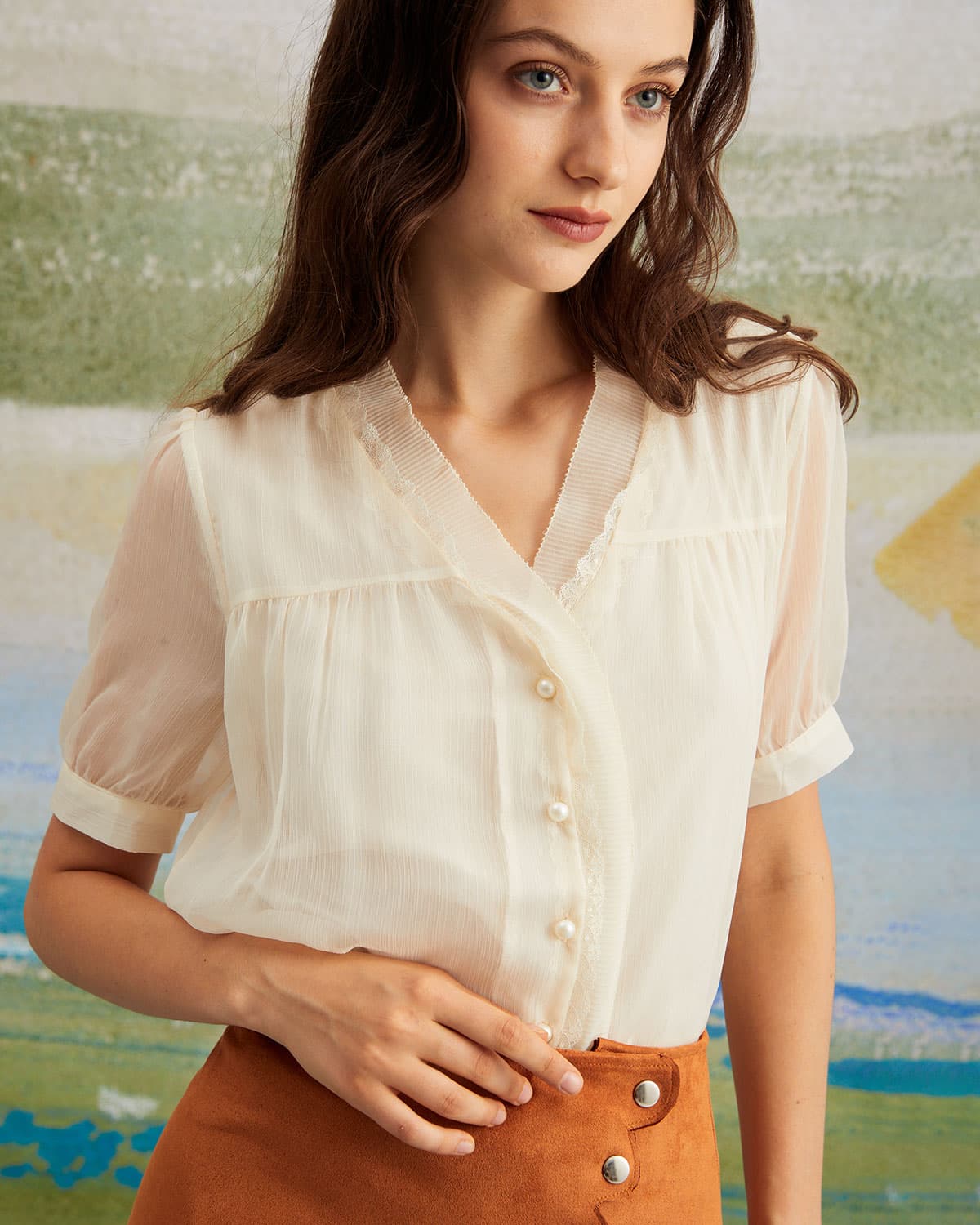 The Apricot V Neck Button See Through Shirt