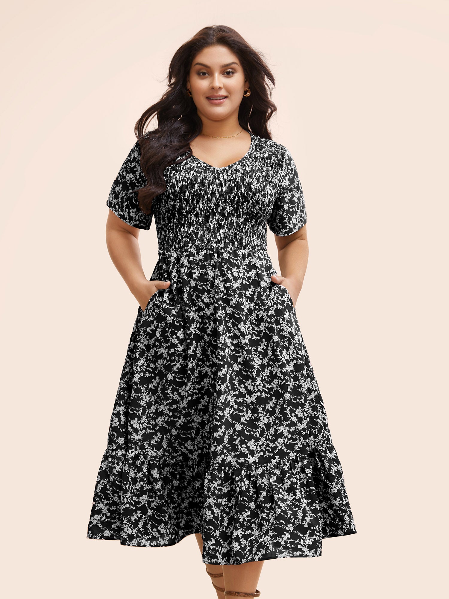 Ditsy Floral Shirred Ruffle Hem Dress