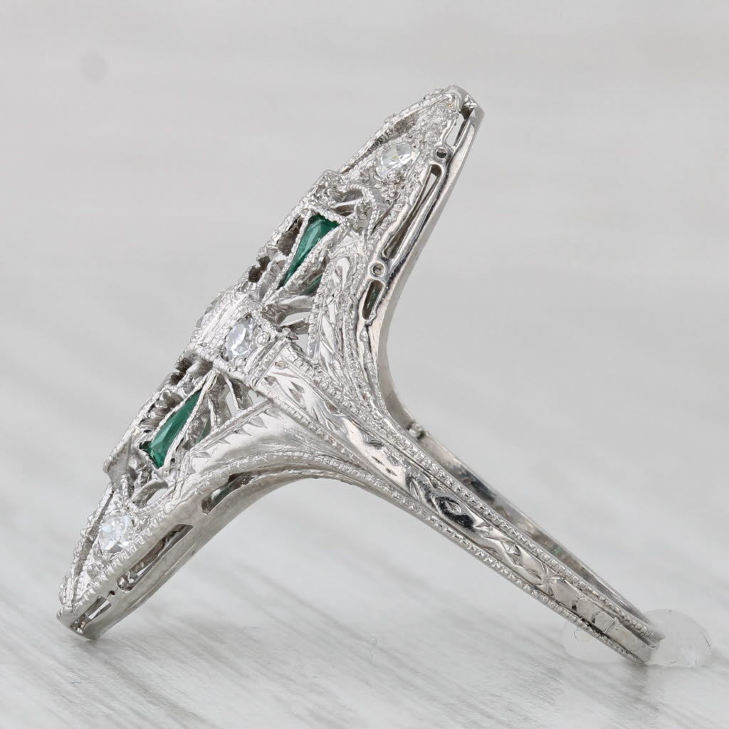 Art Deco 0.40ctw Diamond Lab Created Emerald Ring Platinum Filigree Size 6