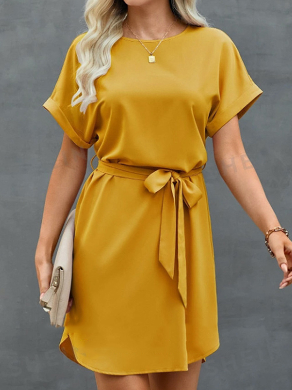 Loose Short Sleeves Solid Color Tied Waist Round-Neck Mini Dresses