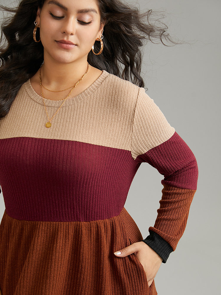 Colorblock Rib Knit Pocket Patchwork Dress