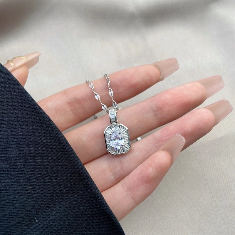 Vintage Style Geometric Stainless Steel Plating Inlay Zircon Pendant Necklace