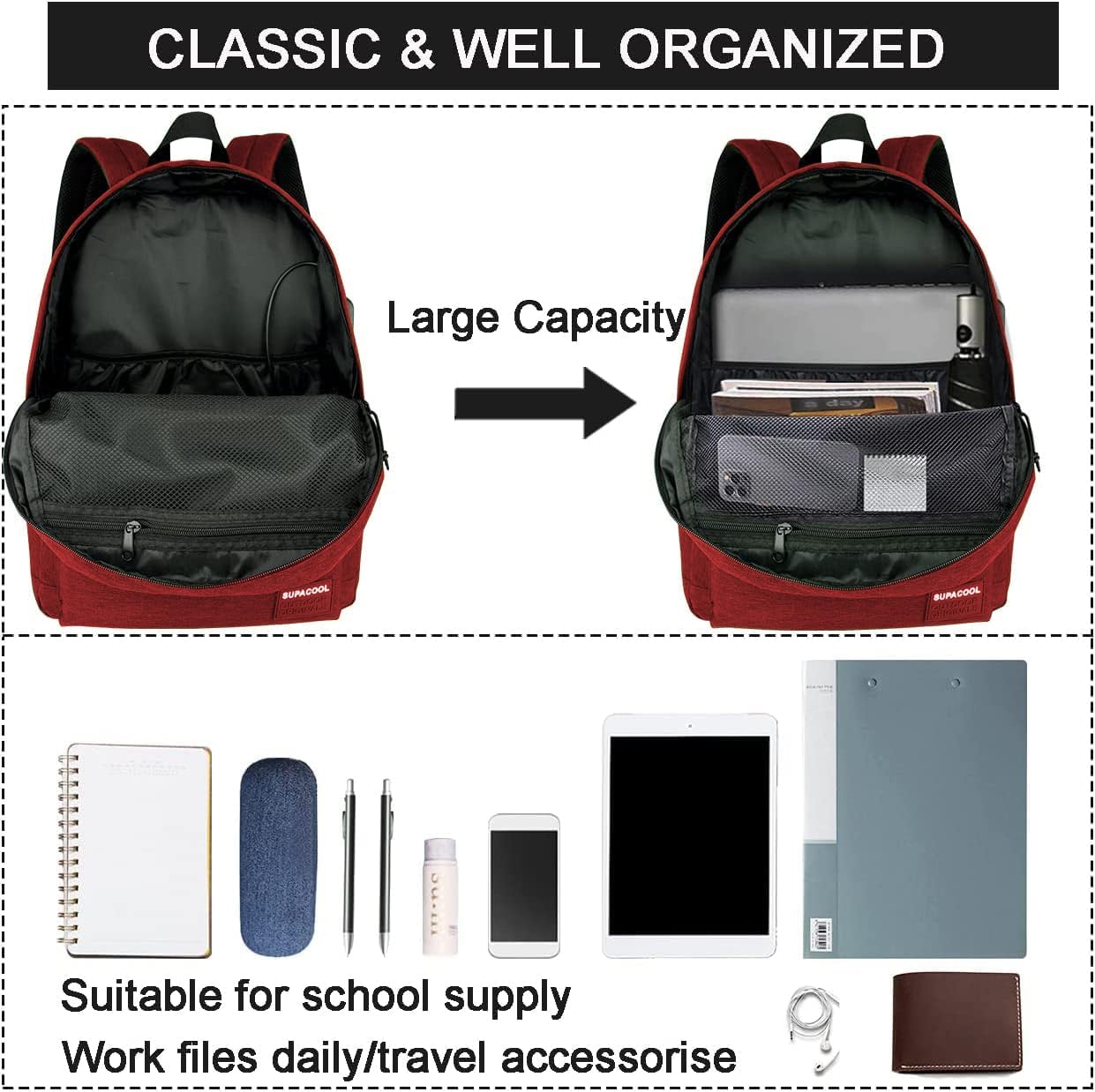 SUPACOOL Casual Laptop Backpack for Men and Women, School Backpack for Boys and Girls, College Bookbag, USB Charging Port, Lightweight Back Pack(Black)
