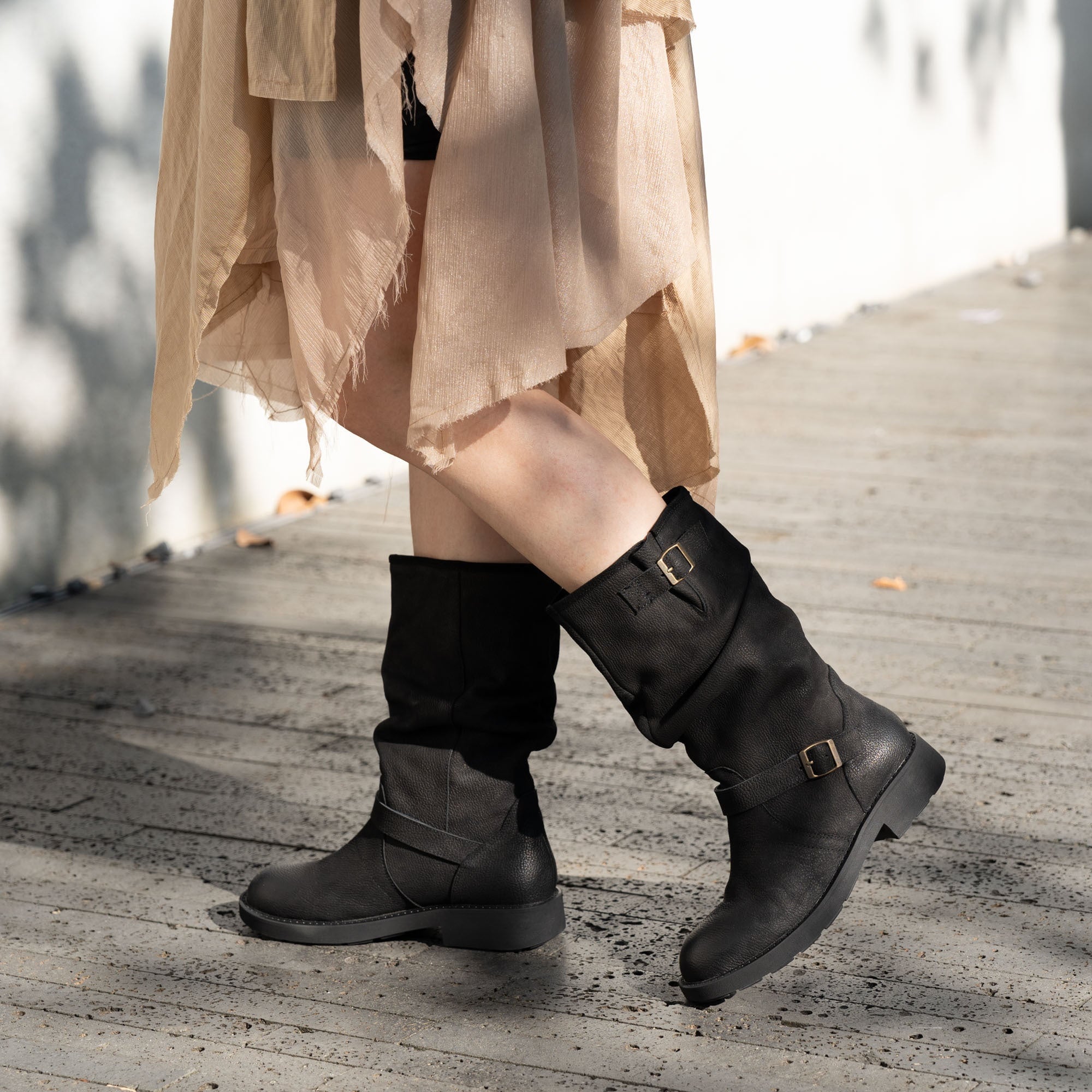 Designer Leather Mid Calf Boots Fold Design Riding Boots Buckle Detail in Brown/Black/Gray/Coffee