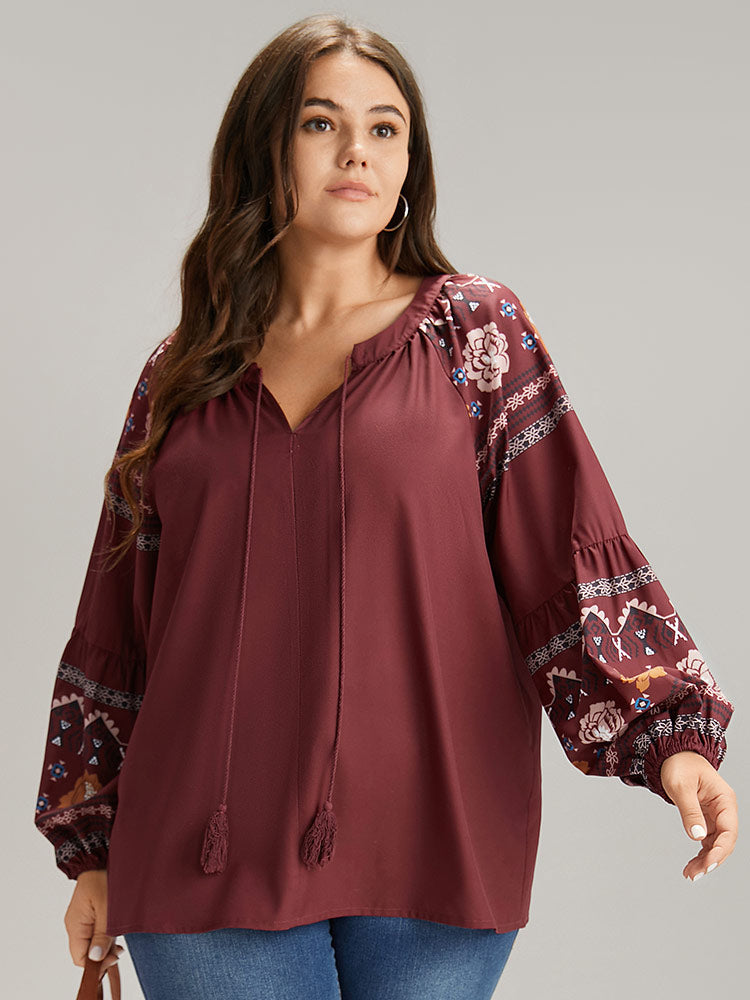 Boho Print Tie Neck Tassel Trim Blouse