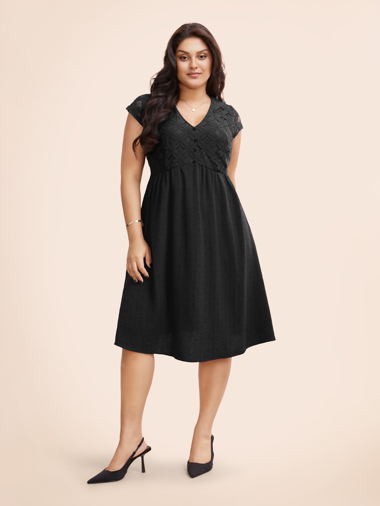 Plain Lace Panel Cap Sleeve Dress