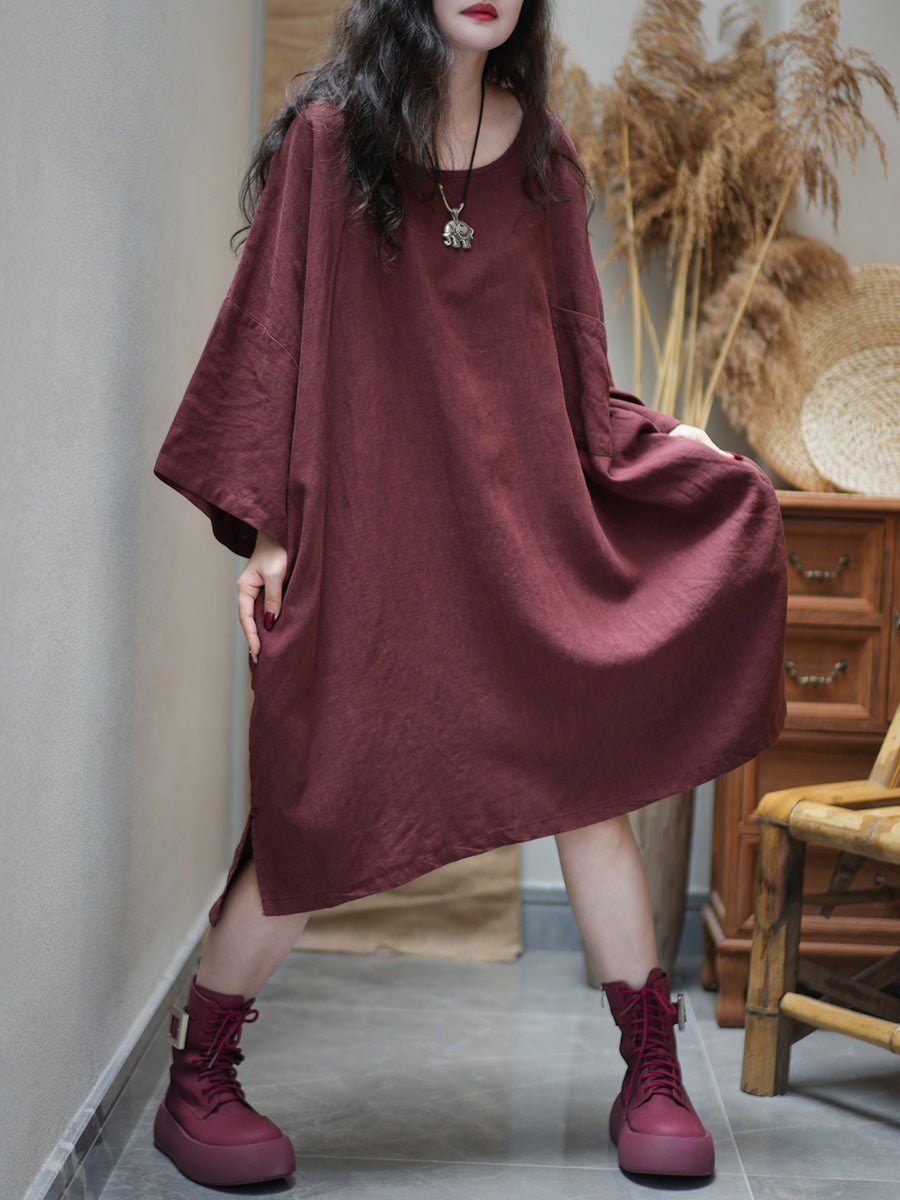 Women Summer Retro Pure Color O-Neck Cotton Dress