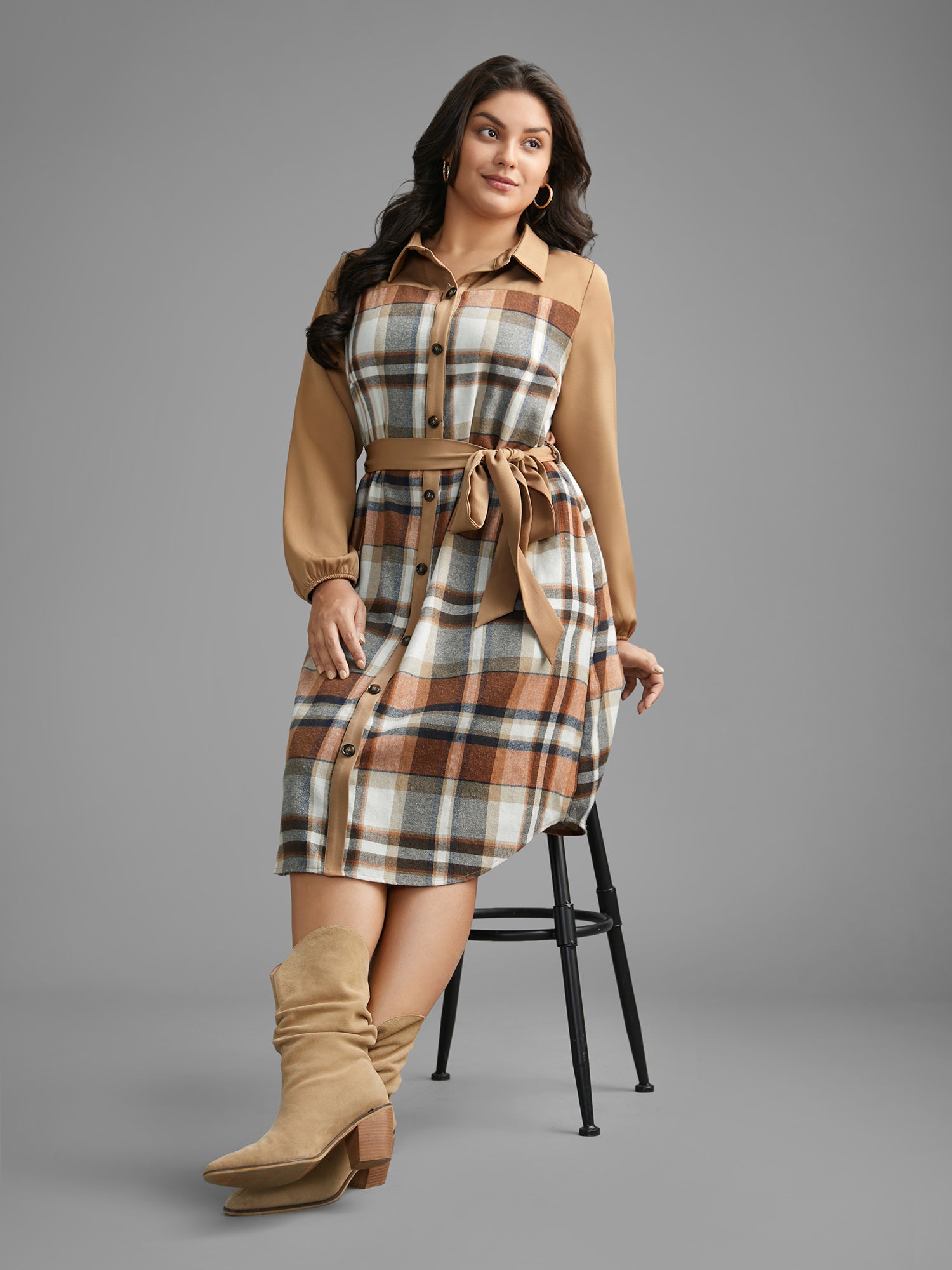 Shirt Collar Plaid Patchwork Belted Dress