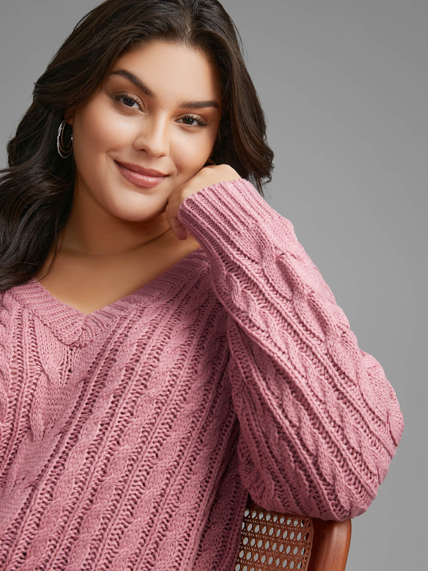 V Neck Texture Cable Knit Pullover