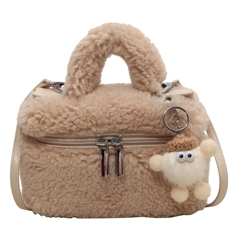 Women's Plush Solid Color Cute Square Zipper Shoulder Bag Handbag Crossbody Bag