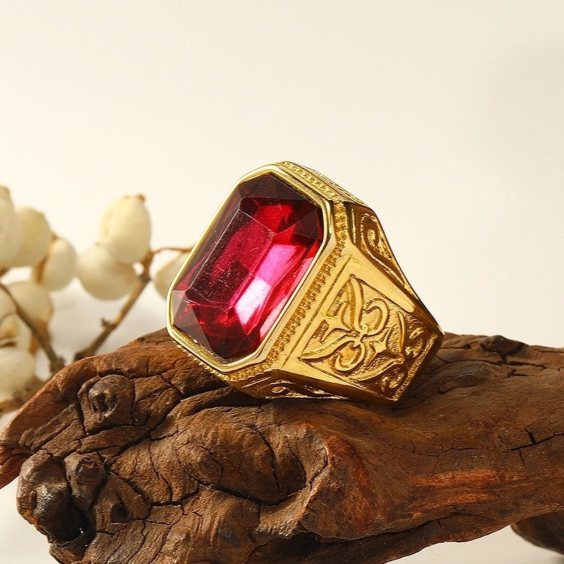 Retro Square Titanium Steel Plating Inlay Artificial Gemstones Rings