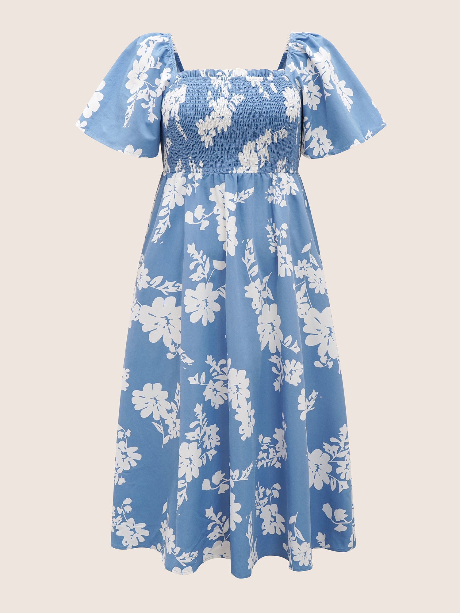 Silhouette Floral Print Shirred Square Neck Dress