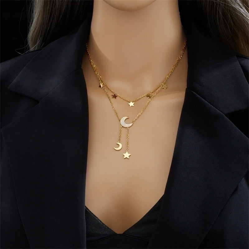 Fashion Star Moon 304 Stainless Steel 18K Gold Plated Plating Stainless Steel Necklaces