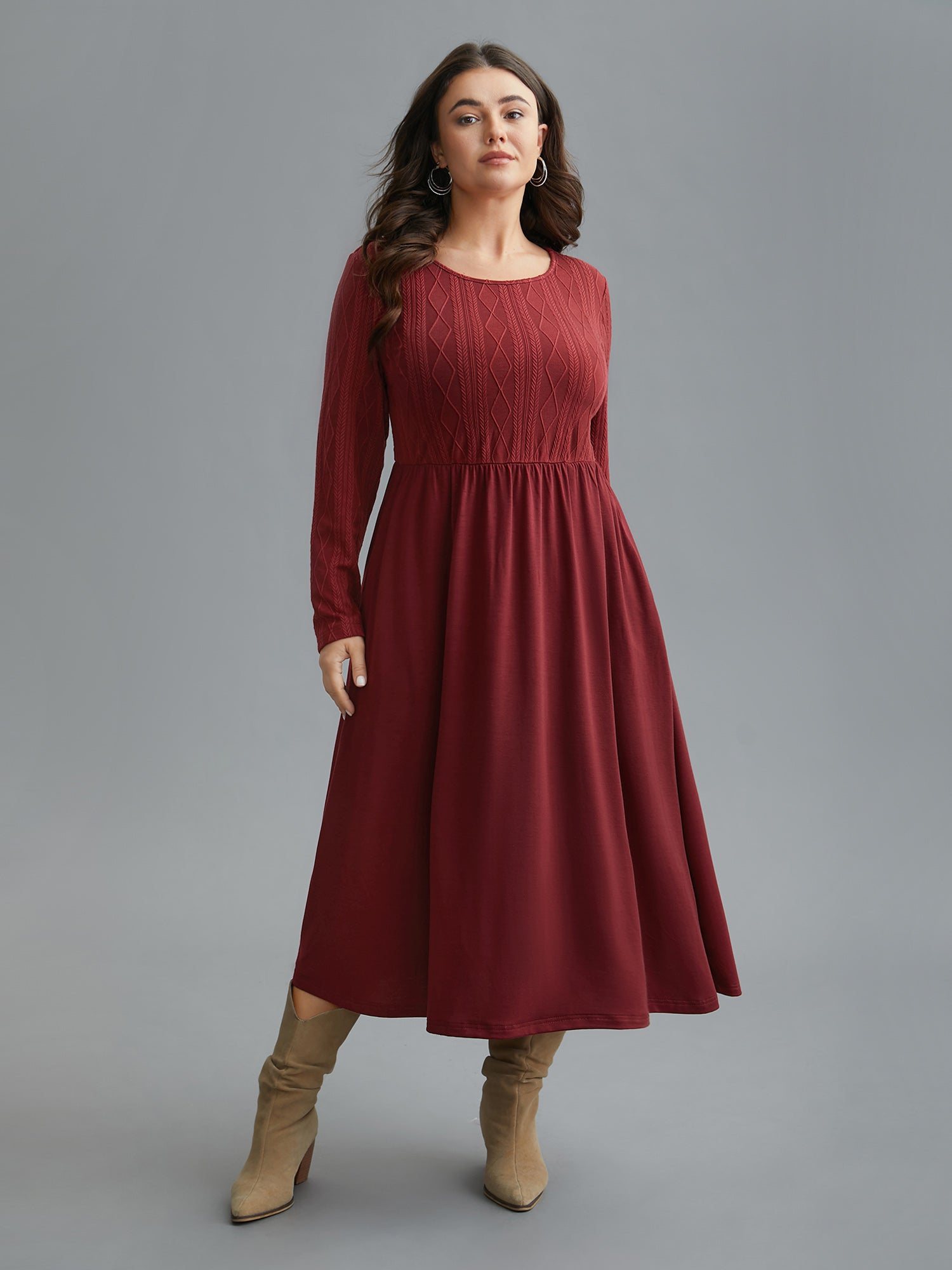 Cable Knit Round Neck Elastic Waist Midi Dress