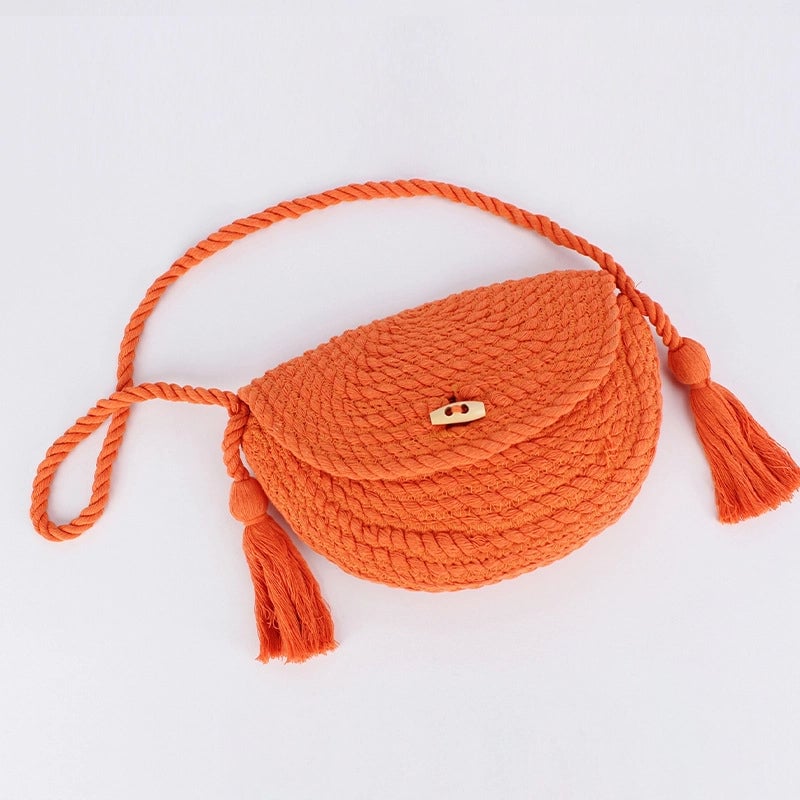 Women's Small Cotton Solid Color Basic Classic Style Tassel Weave Dumpling Shape Lock Clasp Crossbody Bag