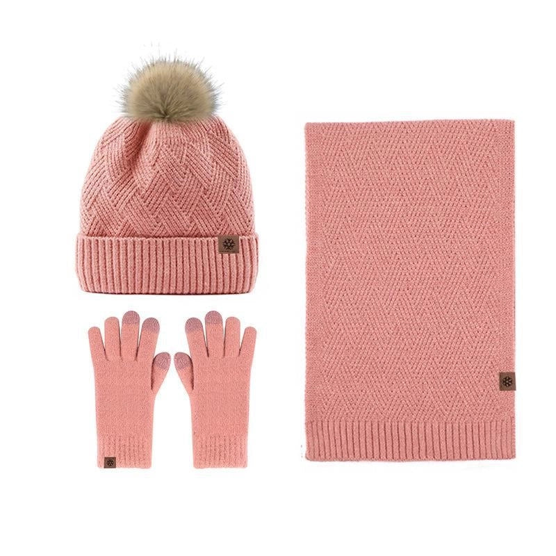 Wool Knitted Warm Gloves Hat Scarf Three-piece Suit Winter Windproof Fur Ball Fleece-lined Knitted Hat Three-piece Suit