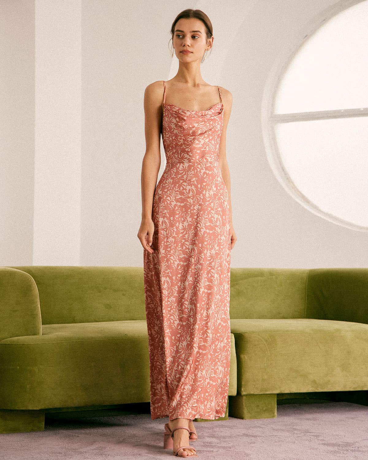 The Light Orange Cowl Neck Floral Maxi Dress