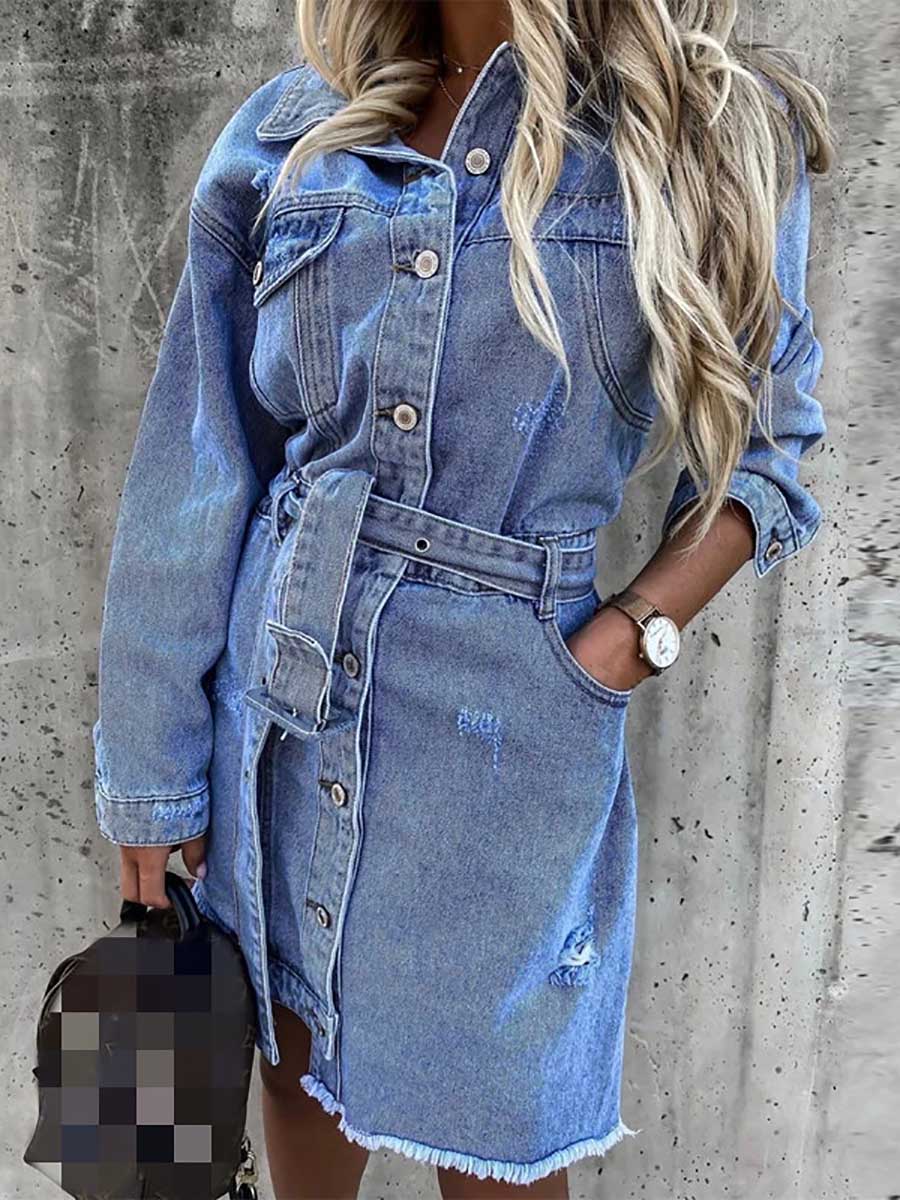 Cowboy Lapel Long Sleeve Single Breasted Slim Fit Dress