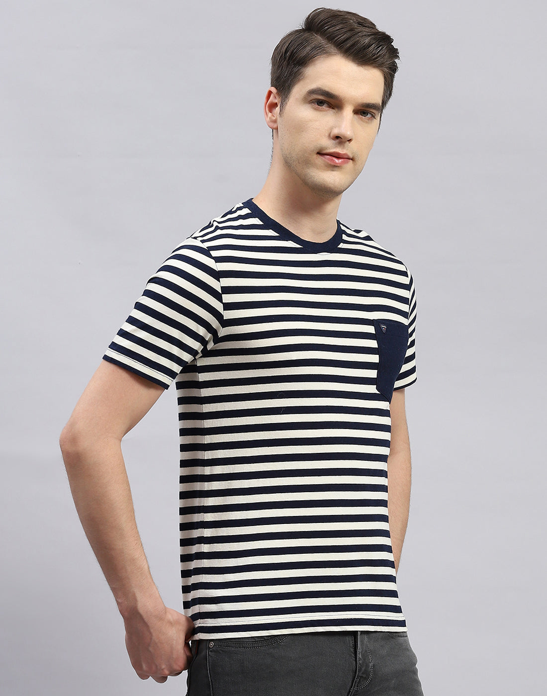 Men Navy Blue Stripe Polo Collar Half Sleeve T-Shirt